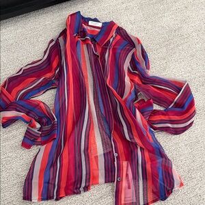 Equipment Vibrant Striped Sheer Blouse - Red, Blue, Pink